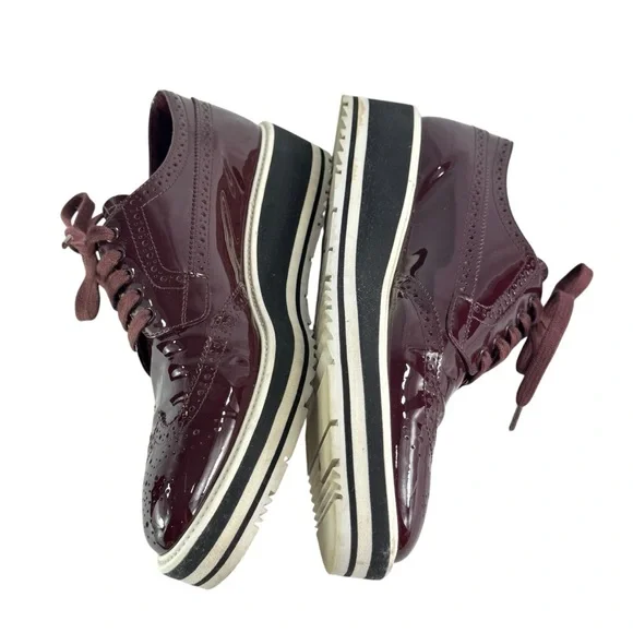 PRADA Brogues Burgundy Patent Leather Women Wingtip Platform Loafers 39 - 9US